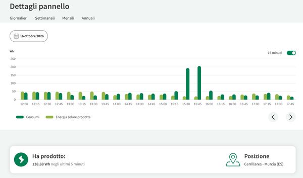 Screenshot con la produzione e i consumi elettrici misurati dal portale
